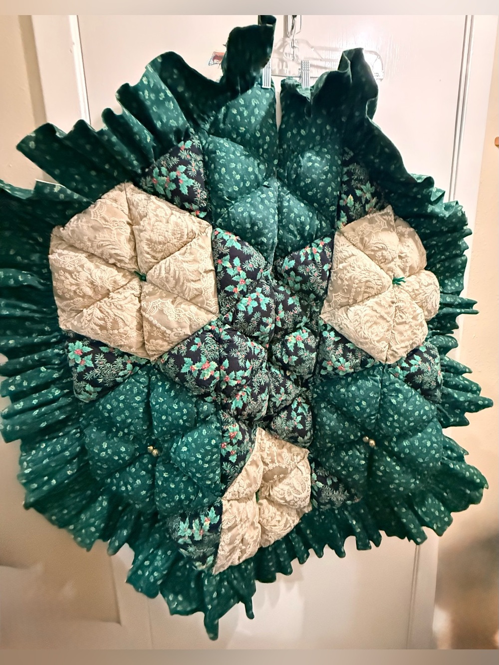 Stunning quilted Cottage core 4 ft Green & Cream Quilted Christmas tree skirt